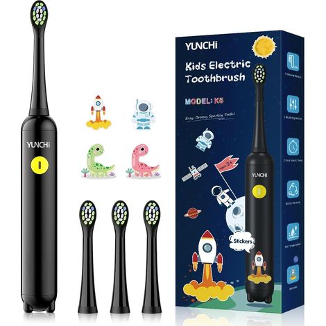 Brosse à Dent Électrique Enfant de 3-5-6-12 ans, Rechargeable Brosse a Dent Electrique Enfant avec Minuteur et 3 Modes, Étanche IPX7, 4 Têtes Douces, Autocollants DIY Drôles pour Filles Garçons(Noir) (1/5)