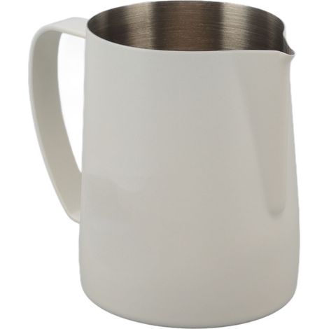 Pitcher à lait inox 304 600ml avec bec verseur pour mousseur à lait, idéal café maison, design ergonomique et finition blanche.