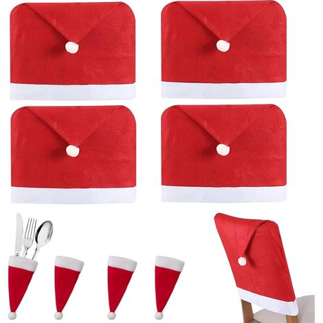 Housse de Chaise Noel,4 Bonnet de Chaise Noël Amovible Housse,avec 4 Porte Couvert Noel,pour Décorations de Table de Dîner de Noël,Chapeau de Chaise Décorations (1/5)