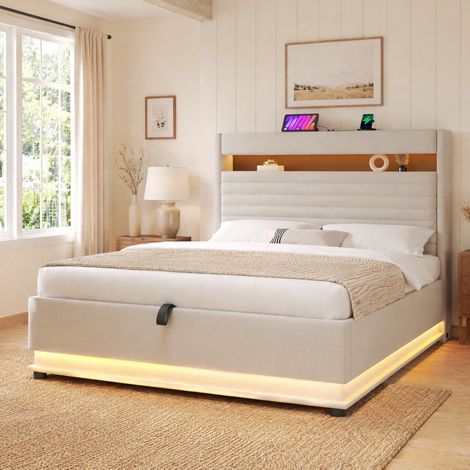 Letto matrimoniale contenitore LED USB-C Beige OKMYHOME (1/5)