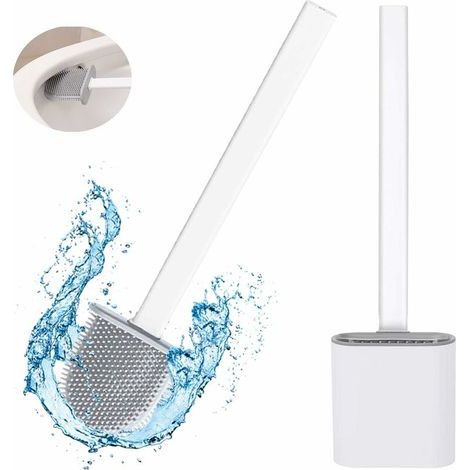 Une brosse de toilette en silicone blanc, avec support à séchage rapide, peut être placée verticalement ou suspendue. (1/5)