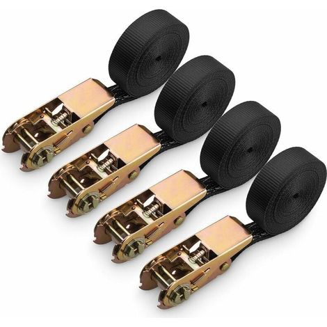 4-teilige Ratschengurte, Polyester-Ratschengurt für Motorrad, Auto, Fahrrad, Anhänger, 800 kg Kapazität, 6 m x 25 mm – Schwarz (1/4)