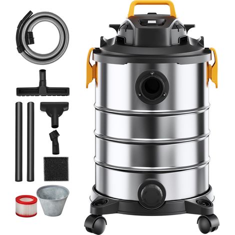 Mophorn Aspirapolvere per umidi secchi 30 L, Aspirapolvere portatile in acciaio inox per officina garage, 6 HP max, Aspirazione con ugello, rotelle, per tappeti, detriti, peli di animali, Nero argento (1/5)