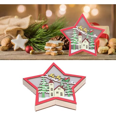 Étoile de Noël en bois à cinq branches de style campagnard européen et américain, avec lumière LED, ornement de table artisanal (1/5)