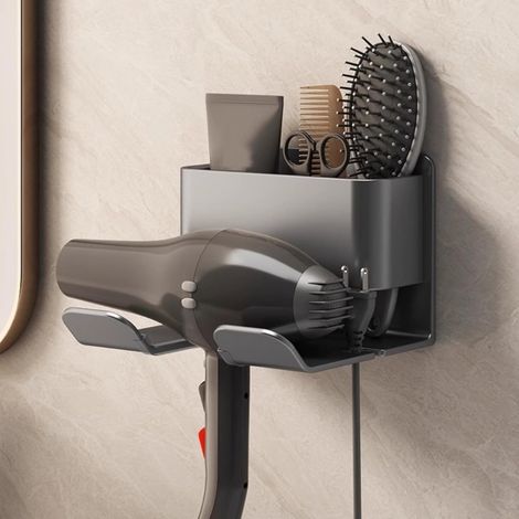 Wandhalterung für Haartrockner – 1 Stück – Edelstahl – Bohrfreie Montage – Aufbewahrung für Haarstyling-Geräte im Badezimmer – Mattschwarz (1/5)