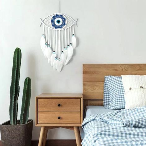 Récupérateur de rêves œil du mal artisanal - Décoration murale suspendue en plumes blanches (1/5)