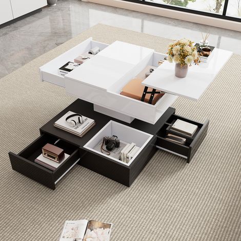 Table basse 70x70x40cm Plateau relevable 360° tournant Panneau de particules finition brillante blanc et noir (1/5)