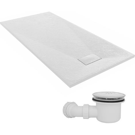 NRG 1600 x 800mm SMC White Rectangle Slate Effect Bathroom Shower Tray & Fluidmaster Fast Flow Waste Trap