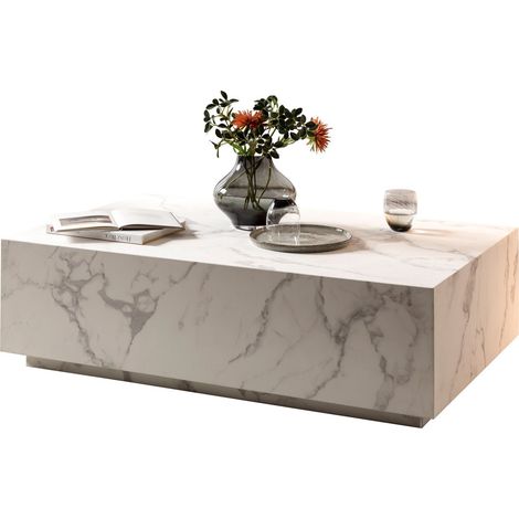 Table basse de salon aspect marbre blanc forme cube moderne 120 x 75 cm - PANGIVO (1/4)