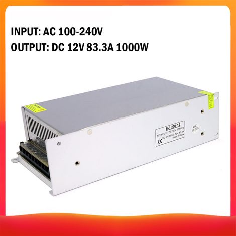 Transformateur de tension AC 100-240 V vers DC 12 V 83,3 A 1000 W, alimentation à découpage régulée, adaptateur/convertisseur pour rubans LED, appareils photo, ordinateurs, projets radio (1/2)
