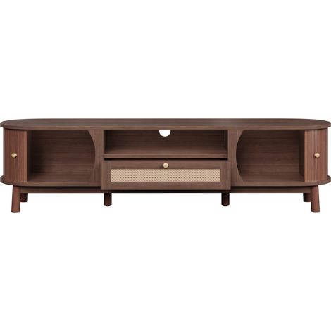 Mueble TV de MDF color nogal con puertas y cajón, estilo rústico con detalles de ratán (1/5)
