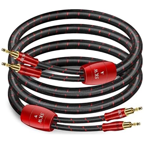 Paire de câbles de haut-parleur 14 AWG, cuivre OFC, lot de câbles de haut-parleur blindés avec fiches banane plaquées, cosse fourchette, fiche à vis, tissu en coton tressé (2 m, rouge) (1/5)