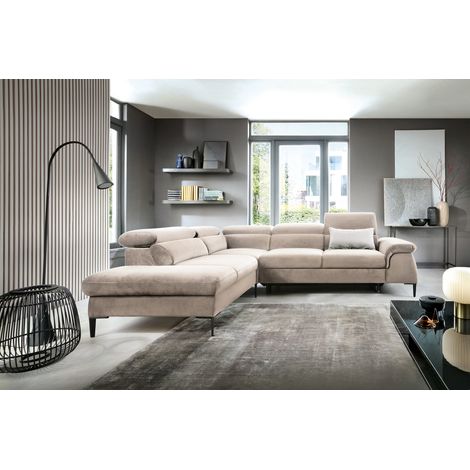 Emporius Canapé d'angle Amaro L 280 cm, tissu velours, gauche - pieds 15 cm, canapé d'angle 5 places, appuie-têtes réglables, crème (1/5)