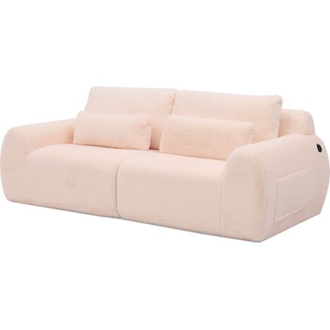 CAIziCanapé 2 places en fausse fourrure style lapin, haute résilience, avec port de charge USB et poche latérale pour magazines, idéal pour petit salon, appartement, bureau et chambre, Rose (1/5)