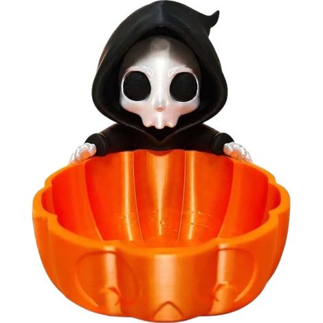 Ciotola decorativa portaoggetti, design scheletro mietitore di Halloween, organizer multiuso, arancione (1/2)