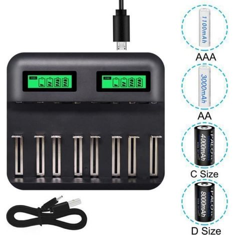 8 Slots Chargeur AA AAA Piles C D Batterie rechargeable, Chargeur de batterie USB intelligent multifonction LCD (1/4)