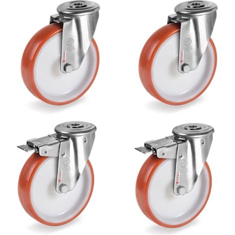 Lot de 4 roulettes à Oeil INOX pivotantes et pivotantes à frein polyuréthane rouge 80 mm - 360Kg (1/3)