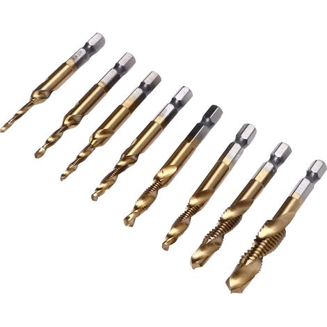 Jeu de 8 tarauds composites spiraux à tige hexagonale de 1/4 pouce, plaqués titane, pour le perçage, le taraudage et le chanfreinage. (1/5)