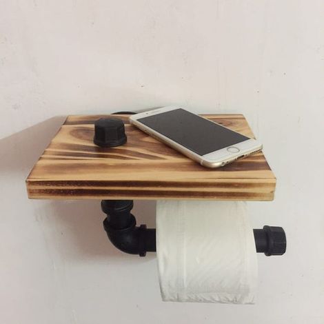 Portarotolo di carta igienica - Set portarotolo di carta igienica in tubo di metallo dal design retrò con vassoio in legno, nero - 2015 cm (1/3)