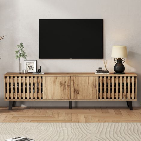 Meuble tv 180x40x55 cm bois naturel avec 8 compartiments, meuble bas pour écran jusqu’à 70 pouces, design épuré salon (1/5)