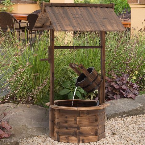 Fontaine en bois avec cascade marron décoration de bassin et patio ornement de jardin pompe intégrée 68x57x118 cm style élégant