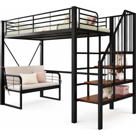 Lit superposé 90 x 200 en métal avec canapé rembourré amovible, escalier de rangement et grand espace sous le lit, noir, pour enfants et adultes  CHICFURN (1/5)