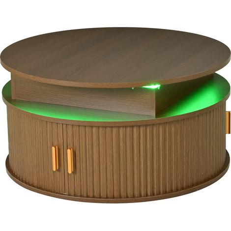 757552cm Couchtisch höhenverstellbar Sofatisch Beistelltisch mit led,Runder kaffeetisch, teetisch mit zwei Rolltüren,Ein walnussfarbener Tisch mit verstecktem Stauraum (1/5)