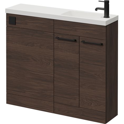 Napoli 250 Brown Oak 1000mm 2 Door Vanity Unit Toilet Suite with Round Silvo Basin - 1000mm - Matt Black 160mm HandleWithout Jubilee Toilet Pan