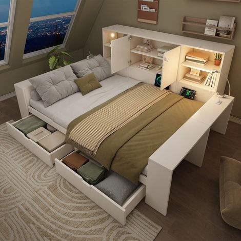Lit de rangement 140x200 cm Blanc – Lit banquette avec tiroirs et rangement, lit en bois avec doubles portes et prises USB/USB-C (sans matelas) (1/5)