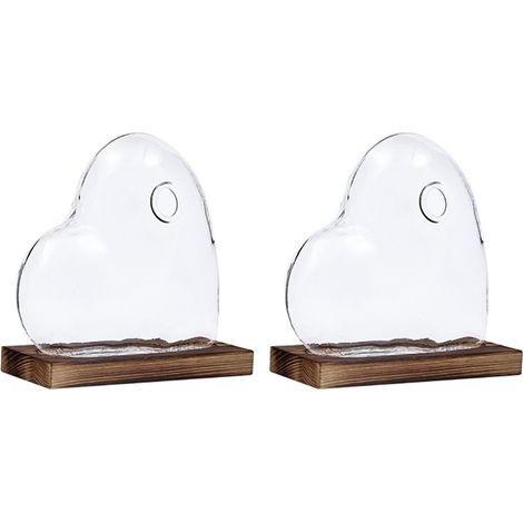 Vase décoratif en verre lot de 2, design cœur nordique avec support bois vintage, idéal pour plantes hydroponiques et décoration bureau élégante (1/5)