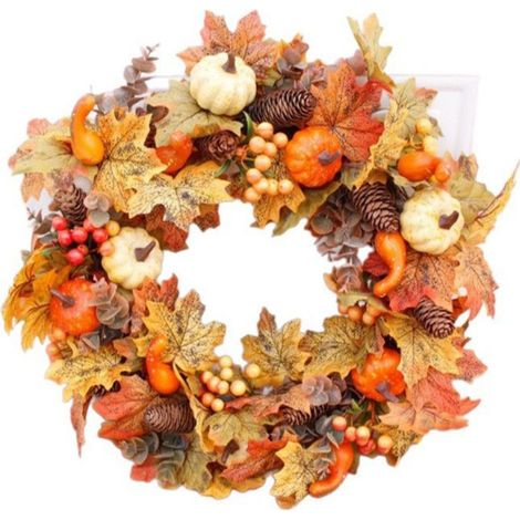 Couronne d’automne pour porte d’entrée 45 cm – Décoration artificielle rustique avec citrouilles et baies – Pour Thanksgiving et Halloween