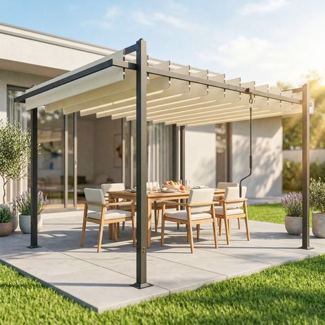 Pérgola de Jardín 3x3,8 m con Techo de Lamas Ajustable a 90° Manivela Estructura de Aluminio y Acero UPF50+ Beige (1/5)