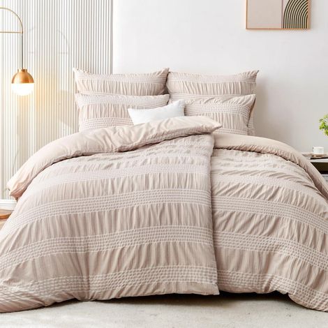 Bettwäsche-Set 155x220 cm 4-teilig, Mikrofaser, Beige Gestreift, Khaki Weiß