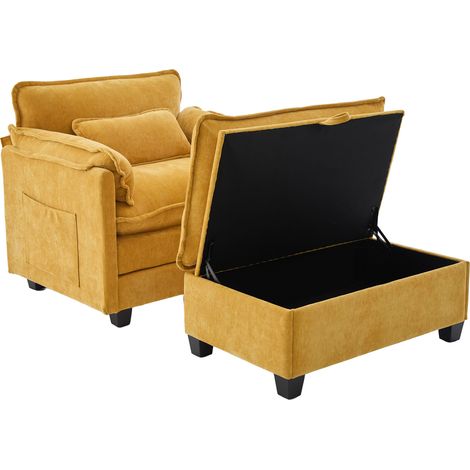 Fauteuil moderne extra large en chenille jaune avec repose-pieds et rangement (1/5)