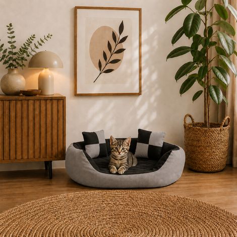 belviona Katzenkörbchen 4-in-1, wendbares Katzenbett mit niedrigem Einstieg, kratzfest & wasserabweisend, 65x50 cm, grau/schwarz (1/5)