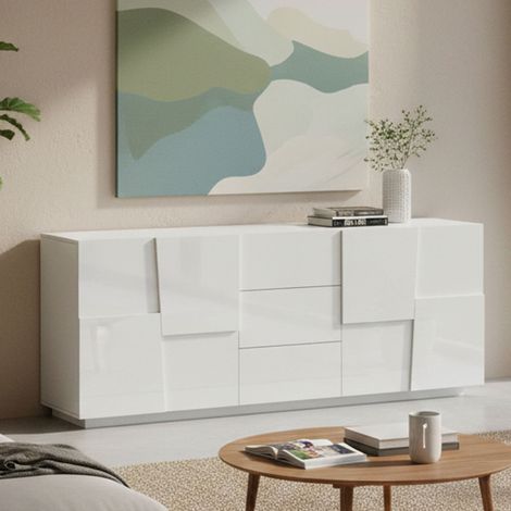 Dmora - Aparador Yoel, Buffet de salón, Aparador de salón con 4 puertas y 3 cajones, 220x44h86 cm, Blanco brillo (1/5)