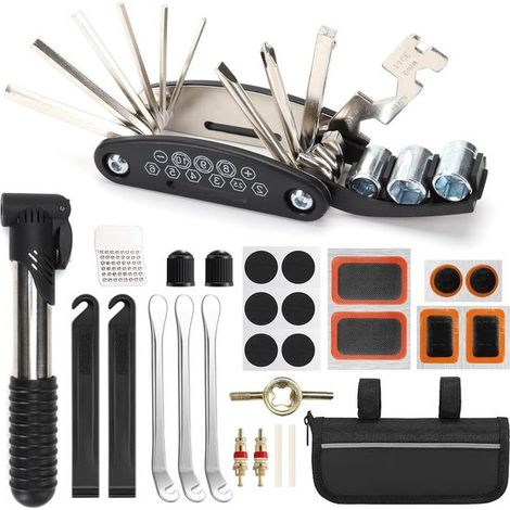 Kit di riparazione per biciclette, multiutensile per ciclisti, riparazioni in movimento, 16 funzioni, borsa compatta, nero (1/5)