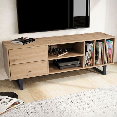 Meuble TV 2 tiroirs 5 niches 150x40x55 cm décor chêne