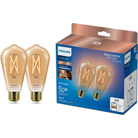 Philips Smart LED Slimme Lot de 2 Ampoules à filament Edison (50W) Dorée Lumière blanche chaude à froide - WiFi