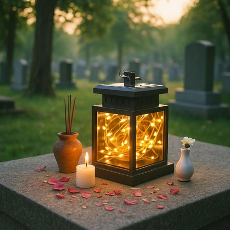 1 Lanterne funéraire solaire, plastique noir, LED jaune clignotant, pour cimetière et jardin (1/5)