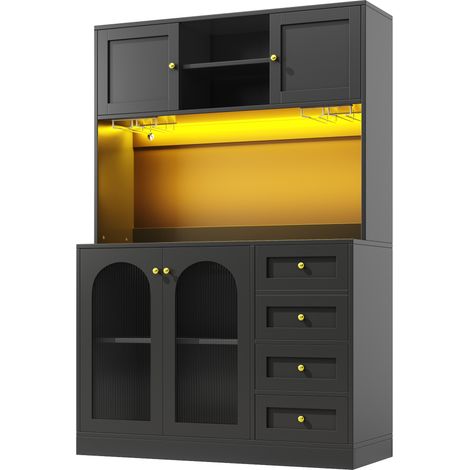 Aparador buffet de cocina 120x40x188 cm con 4 puertas, LED y colgadores para copas negro (1/5)