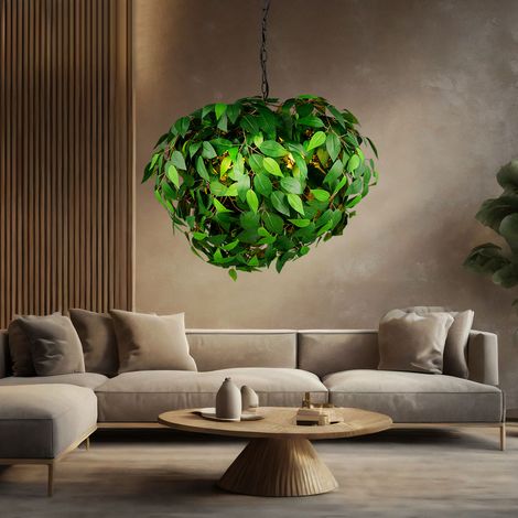 Pendellampe Hängeleuchte Wohnzimmerlampe Esszimmerleuchte Deckenlampe, Metall Kunststoff grün Blätter-Design, Höhenverstellbar 4 Flammig E14, H 150 cm