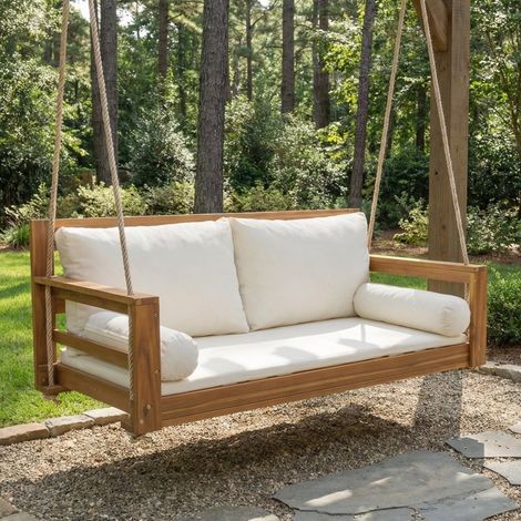 Balancelle suspendue 2 places en acacia massif, coussins lavables, beige, sans support