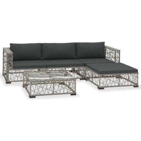 – Salon de jardin 5 pcs en résine tressée grise – 2 canapés d'angle, 1 canapé central, 1 repose-pieds, 1 table basse – Coussins épais amovibles (1/5)
