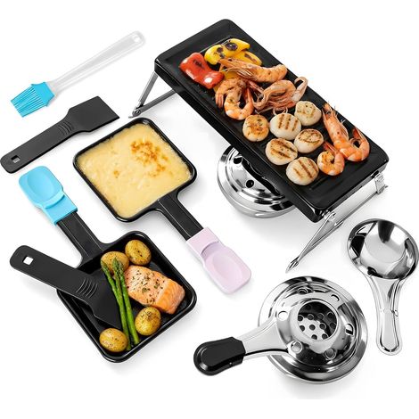 Mini Raclette Grill Portable pour 2 Personnes, Appareil Antiadhésif avec Plaque Grill, 2 Brûleurs à Combustible, 2 Spatules, Support Métal Pliable pour Camping et BBQ (1/5)