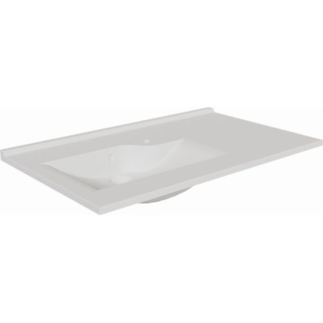 Cuisibane – Plan vasque déportée à gauche 90 cm – Résine de synthèse blanche – Dosseret anti-infiltration – Vidage intégré pour PMR (1/4)