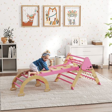 Triangle d'escalade enfants 8 en 1 avec rampe double face, rose, arc d'escalade en bois avec toboggan & échelle