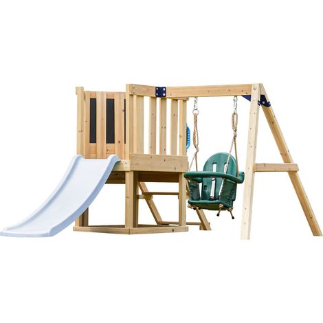 Axi Timo Mini Aire De Jeux - Toboggan Bleu Pastel Cabane Pour Enfant Avec Balançoire Pour Bébé, Mur D'Escalade Et Tableau Noir Structure De Jeux Pour Le Jardin