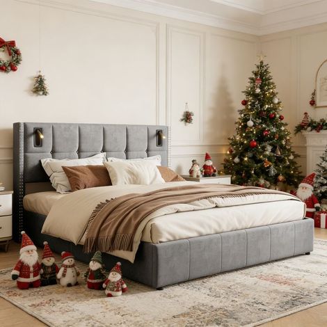 Lit coffre - POCKETPOP - 140x190 cm - Velluto grigio - Rete a doghe e contenitore idraulico (1/5)