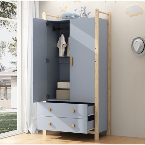 Armadio 89.6x44x180.5 cm blu e pino in MDF e legno massello con asta appendiabiti e 2 cassetti (1/5)